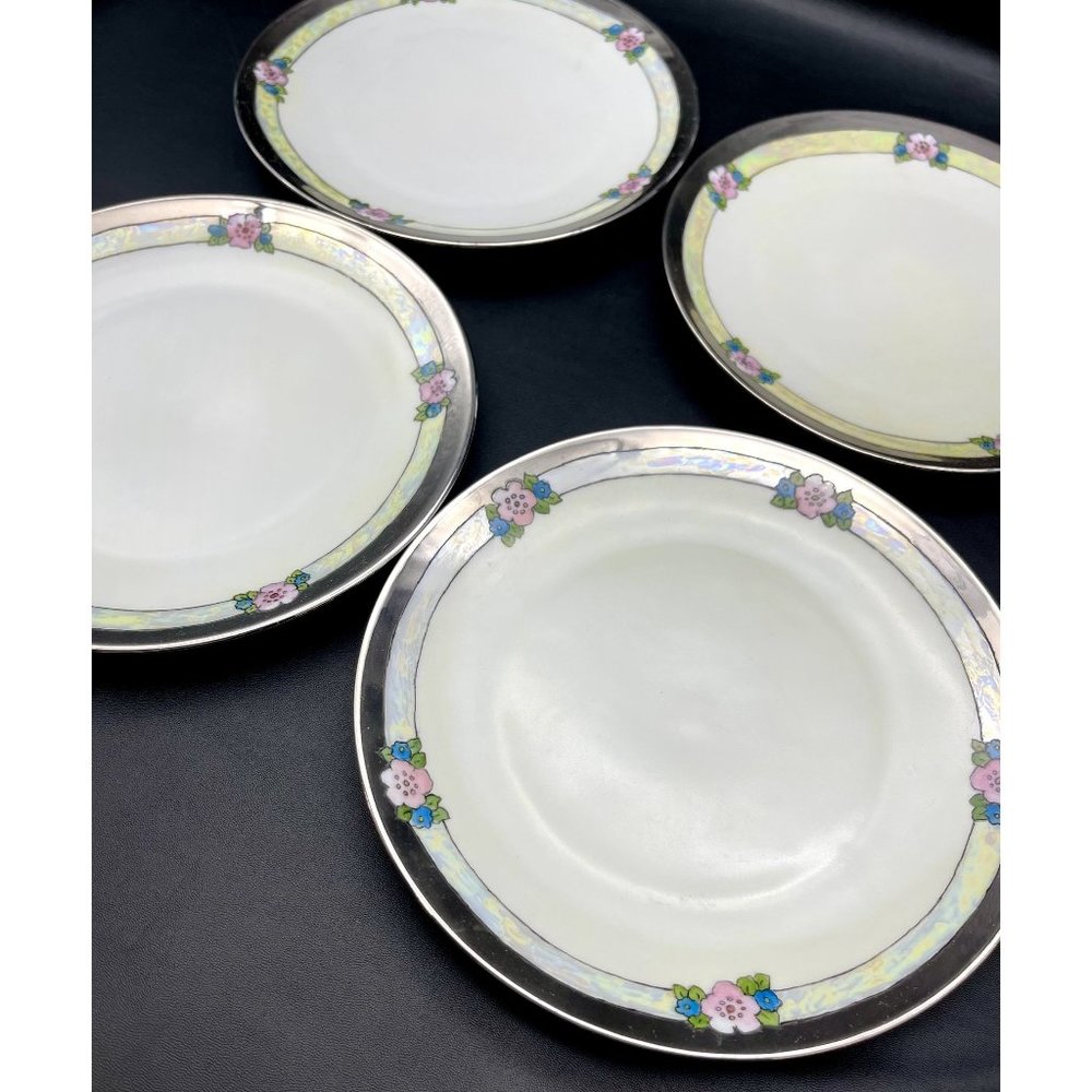 Antique Thomas Bavaria Set of 4 Dessert Plates Opal-Hue Lusterware Pink Flowers